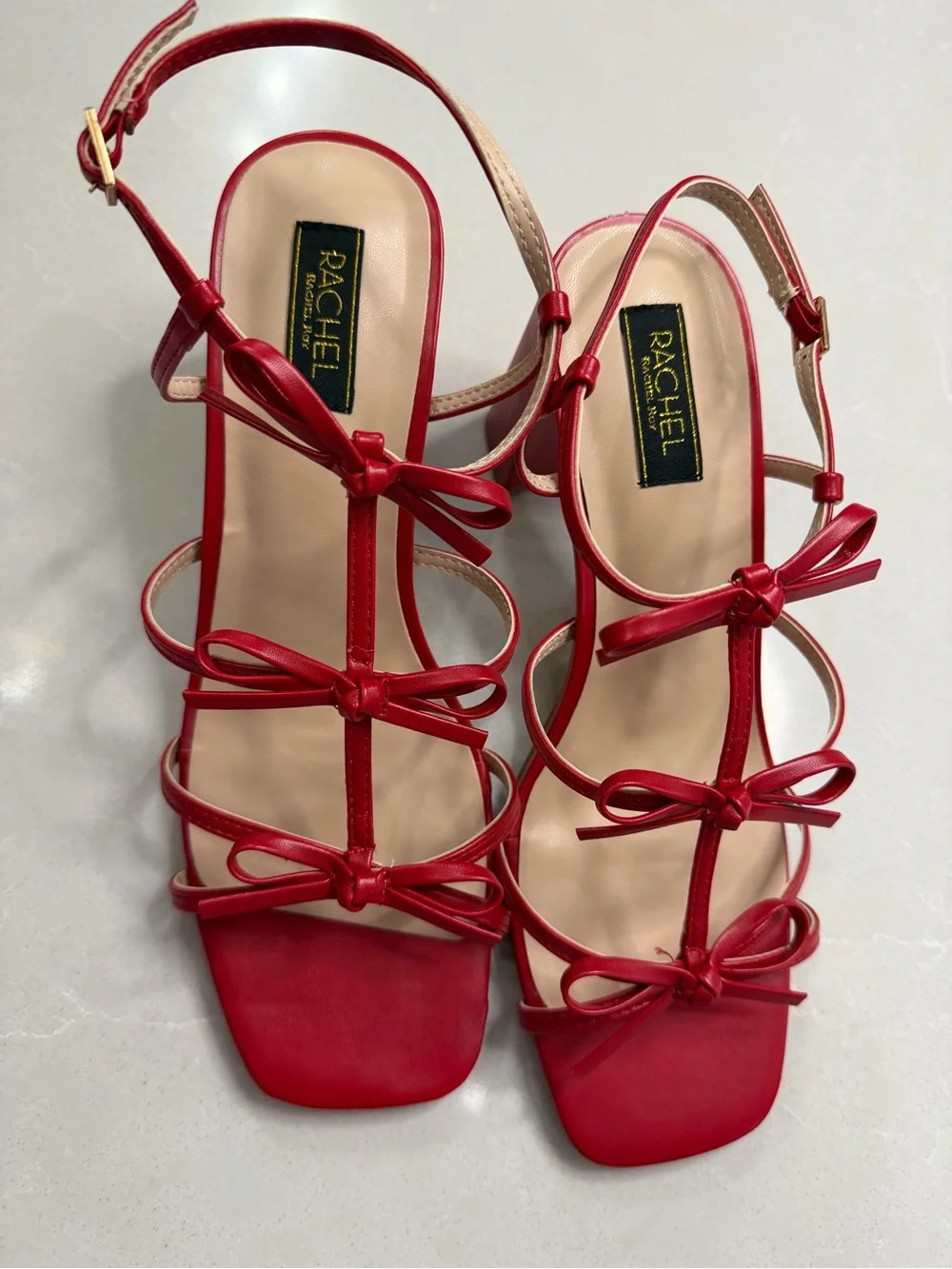 RACHEL Rachel Roy Cologne Bow Block Heel Sandals Red Defect on Heel, Size 9